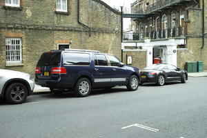 4x4, car, day, England, eye level view, London, overcast, spring, street, The United Kingdom, urban, walkway