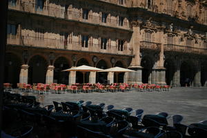 cafe, Castilla y Leon, chair, day, eye level view, facade, plaza, Salamanca, Spain, summer, sunlight, sunny, sunshine, table