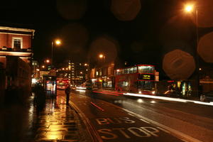 artificial lighting, bus, effect, England, eye level view, London, night, street, The United Kingdom, transport