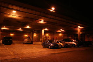 artificial lighting, car, car park, England, eye level view, Lincoln, night, outdoor lighting, parking, The United Kingdom