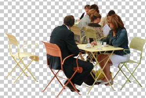 cafe, casual, chair, cutout, cutout groups, cutout people, day, eye level view, furniture, group, natural light, people, sitting, summer