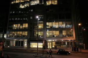 artificial lighting, elevated, England, facade, glass, lamppost, London, night, office, office building, outdoor lighting, street, The United Kingdom, winter