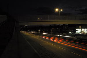 artificial lighting, bridge, car lights, city lights, elevated, England, evening, lamppost, London, night, outdoor lighting, road, The United Kingdom, urban, winter