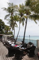 Barbados, cafe, chair, coconut palm, Cocos nucifera, day, eye level view, furniture, hotel, palm, spring, sunbed, sunny, table