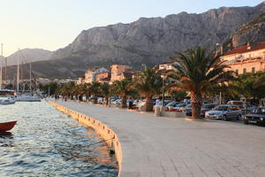 boat, Croatia, dusk, evening, eye level view, Makarska, palm, promenade, Splitsko-Dalmatinska, tree, vegetation, yacht