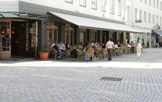 autumn, Bielefeld, bright, cafe, canopy, casual, chair, day, Deutschland, eye level view, furniture, Nordrhein-Westfalen, pavement, people, sitting, square, sunny, waiter