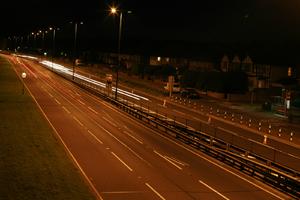 artificial lighting, elevated, England, evening, grass, London, road, The United Kingdom