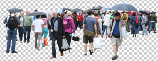 casual, cutout, cutout groups, cutout people, day, diffuse, diffused light, eye level view, group, rain, summer, walking