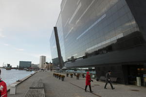 building, Copenhagen , day, Denmark, eye level view, facade, glass, Kobenhavn, overcast, people, potted plant, walking, winter, winter