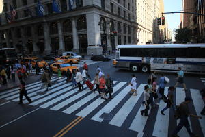 car, crossing, crowd, day, elevated, Manhattan, New York, old, people, street, summer, sunny, taxi, The United States, walking, woman