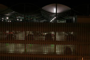 airport, artificial lighting, elevated, eye level view, louvres, Madrid, night, parking, Spain