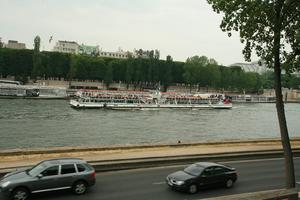 boat, car, elevated, France, Ile-De-France, overcast, Paris, river, road, spring, transport, tree, vegetation