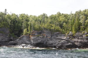 broad-leaf tree, broad-leaved tree, Canada, cliff, coniferous, day, eye level view, Ontario, seascape, summer, sunny, Tobermory, tree, treeline, woodland