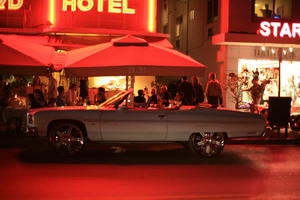 artificial lighting, bar, cafe, canopy, car, eye level view, Florida, Miami, night, street, The United States, winter