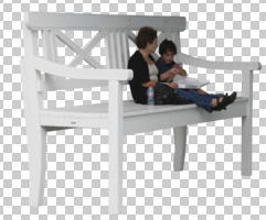 ambient light, bench, casual, cutout, cutout object, cutout people, day, diffuse, diffused light, eye level view, mother and child, natural light, people, sitting, summer