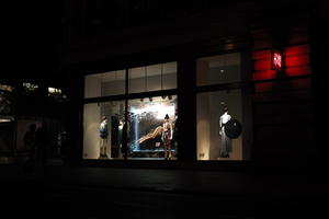 artificial lighting, England, eye level view, London, mannequin, night, outdoor lighting, retail, shop, The United Kingdom