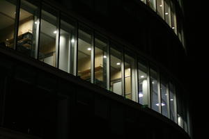 artificial lighting, below, England, facade, London, night, office, office building, outdoor lighting, spring, The United Kingdom