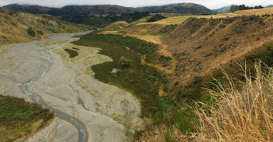 day, diffuse, diffused light, elevated, mountain, natural light, New Zealand, overcast, riverbed, summer