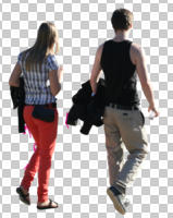 back, casual, caucasian, couple, cutout, cutout couples, cutout people, day, eye level view, sunny, walking