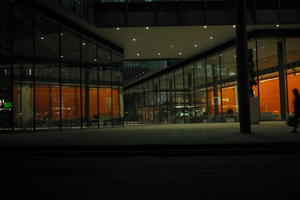 artificial lighting, building, England, eye level view, lobby, London, night, spring, street, The United Kingdom, urban, walkway