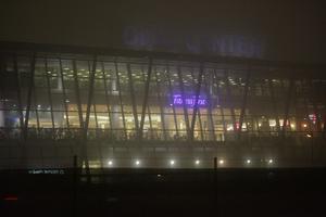 artificial lighting, Bergamo, eye level view, facade, fluorescent, fog, glass, Italia , Lombardia, night, shopping centre, sign, winter