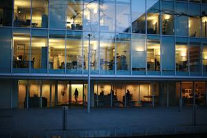 architecture, artificial lighting, building, dusk, England, eye level view, facade, glass, London, office, The United Kingdom, urban