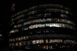 artificial lighting, building, city, city lights, England, eye level view, facade, Liverpool, night, office building, outdoor lighting, The United Kingdom, urban