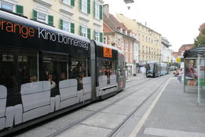 Austria, autumn, day, diffuse, diffused light, eye level view, Graz, natural light, Steiermark, street, tram, tramlines