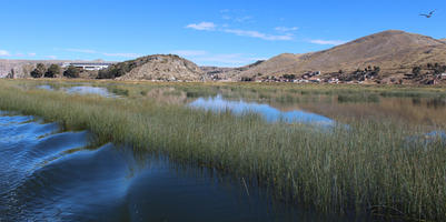 day, eye level view, lake, mountain, Peru, Puno, reed, sunny, winter