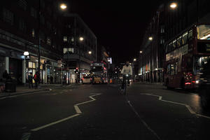 artificial lighting, bus, city lights, England, eye level view, London, night, outdoor lighting, street, The United Kingdom