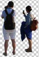 asian, back, casual, couple, cutout, cutout couples, cutout people, day, eye level view, standing, summer, sunny