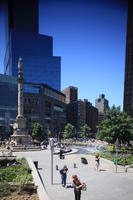 building, day, elevated, facade, fountain, Manhattan, New York, park, people, skyscraper, standing, summer, sunny, The United States, tree, vegetation, walking