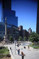 building, day, elevated, facade, fountain, Manhattan, New York, park, people, skyscraper, standing, summer, sunny, The United States, tree, vegetation, walking