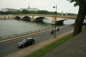 architecture, car, elevated, France, Ile-De-France, lamppost, motorcycle, overcast, Paris, path, river, road, spring, transport