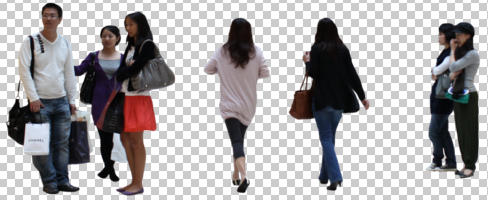 asian, casual, cutout, cutout groups, cutout people, day, eye level view, group, natural light, people, standing, walking