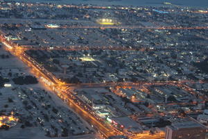 3-point perspective, above, aerial view, artificial lighting, bird