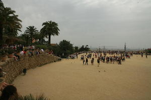 Barcelona, Cataluña, crowd, day, elevated, natural light, palm, people, plaza, Spain