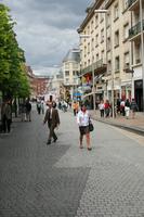 Amiens, day, eye level view, France, group, man, overcast, pavement, people, Picardie, shopping, street, tree, walking, woman