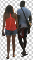 back, casual, couple, cutout, cutout couples, cutout people, day, eye level view, multiracial, summer, sunny, walking