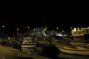 artificial lighting, boat, city, Croatia, embankment, eye level view, night, spring, urban, wet, Zadar, Zadarska