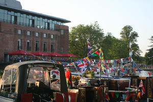 boat, canal, day, England, eye level view, outdoors, shady, Stratford-Upon-Avon, summer, sunny, The United Kingdom