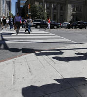 Canada, casual, caucasian, crossing, day, eye level view, group, lowered, Ontario, people, street, summer, sunny, Toronto, walking