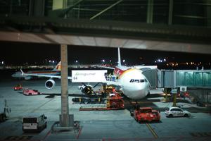 airplane, airport, artificial lighting, autumn, car, elevated, evening, Madrid, night, Spain