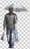 asian, casual, cutout, cutout men, cutout people, day, eye level view, front, male, man, spring, sunny, umbrella, vendor, walking