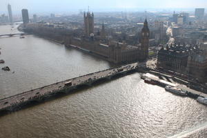 aerial view, Big Ben, bridge, city, day, England, London, Palace of Westminster, river, spring, sunny, The United Kingdom, urban