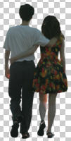 back, casual, caucasian, couple, cutout, cutout couples, cutout people, day, eye level view, natural light, summer, walking