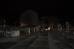 artificial lighting, building, city, Croatia, eye level view, night, pavement, pavement, paving, ruin, ruin, spring, street, wet, Zadar, Zadarska