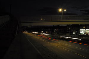 artificial lighting, car lights, city lights, elevated, England, evening, lamppost, London, night, outdoor lighting, road, The United Kingdom, urban, winter