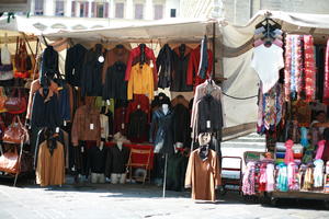 clothing, day, eye level view, Florence, Italia , market, natural light, stall, street, summer, sunlight, sunny, sunshine, Toscana