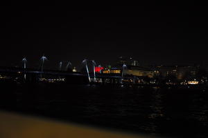 artificial lighting, bridge, city, city, city lights, cityscape, England, eye level view, London, night, river, riverbank, spring, The United Kingdom, urban